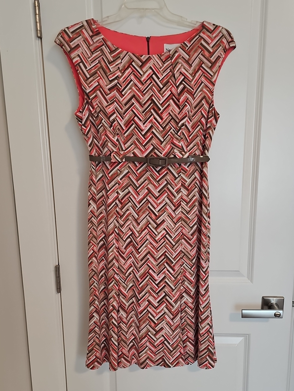 NorthStyle Coral and Brown Geometric Cap-Sleeve Dress